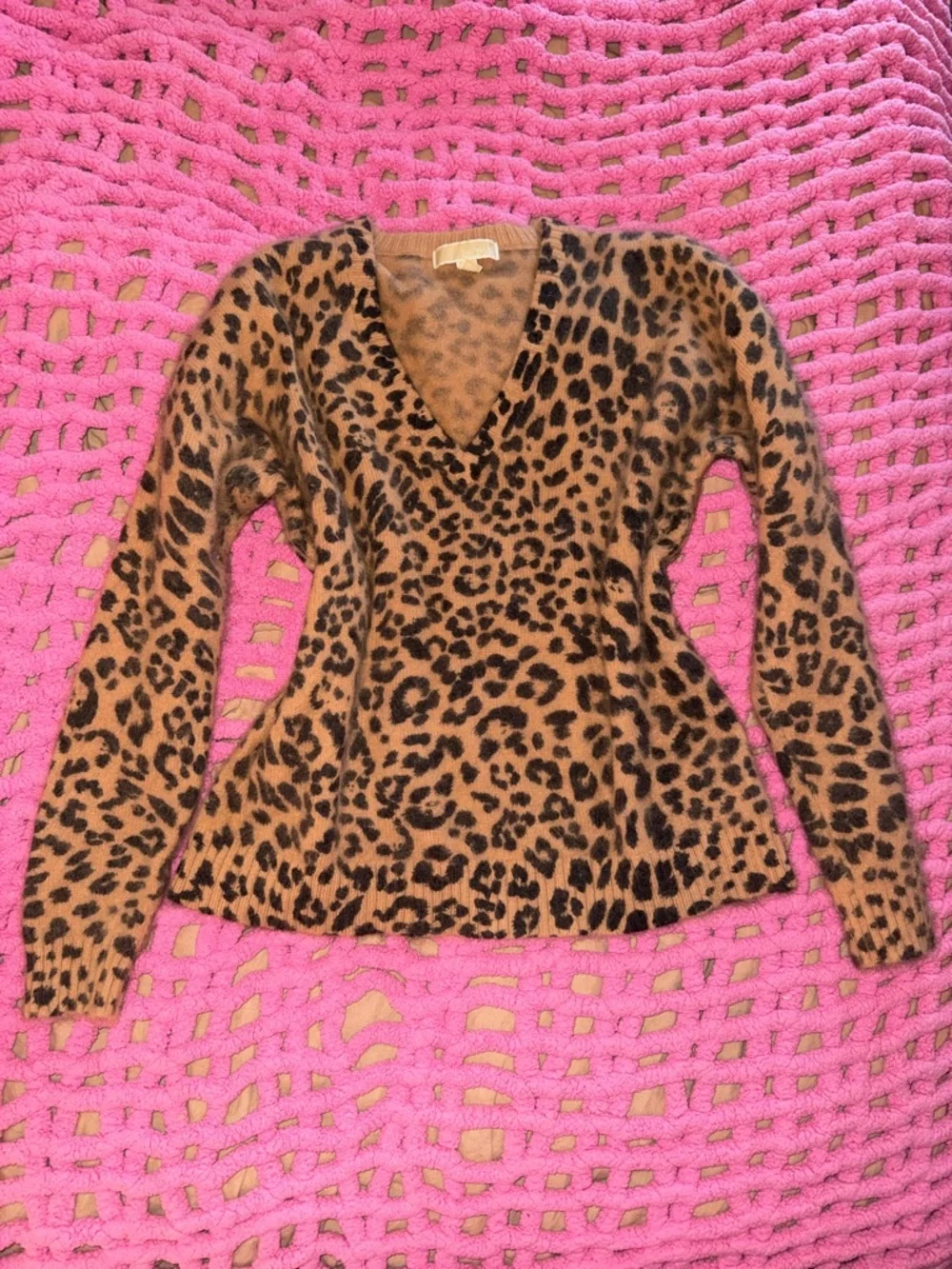 Michael Kors Leopard Print V-Neck Angora Rabbit Hair Sweater - Brown & Black